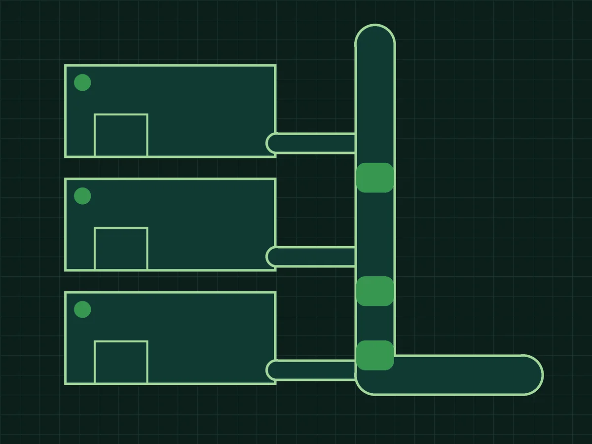 Drawing of three flats on one shared drain stack, blocked in three places